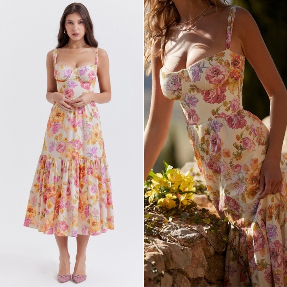 NEW House of CB Elia Dress Ivory + Large Flower Print XS